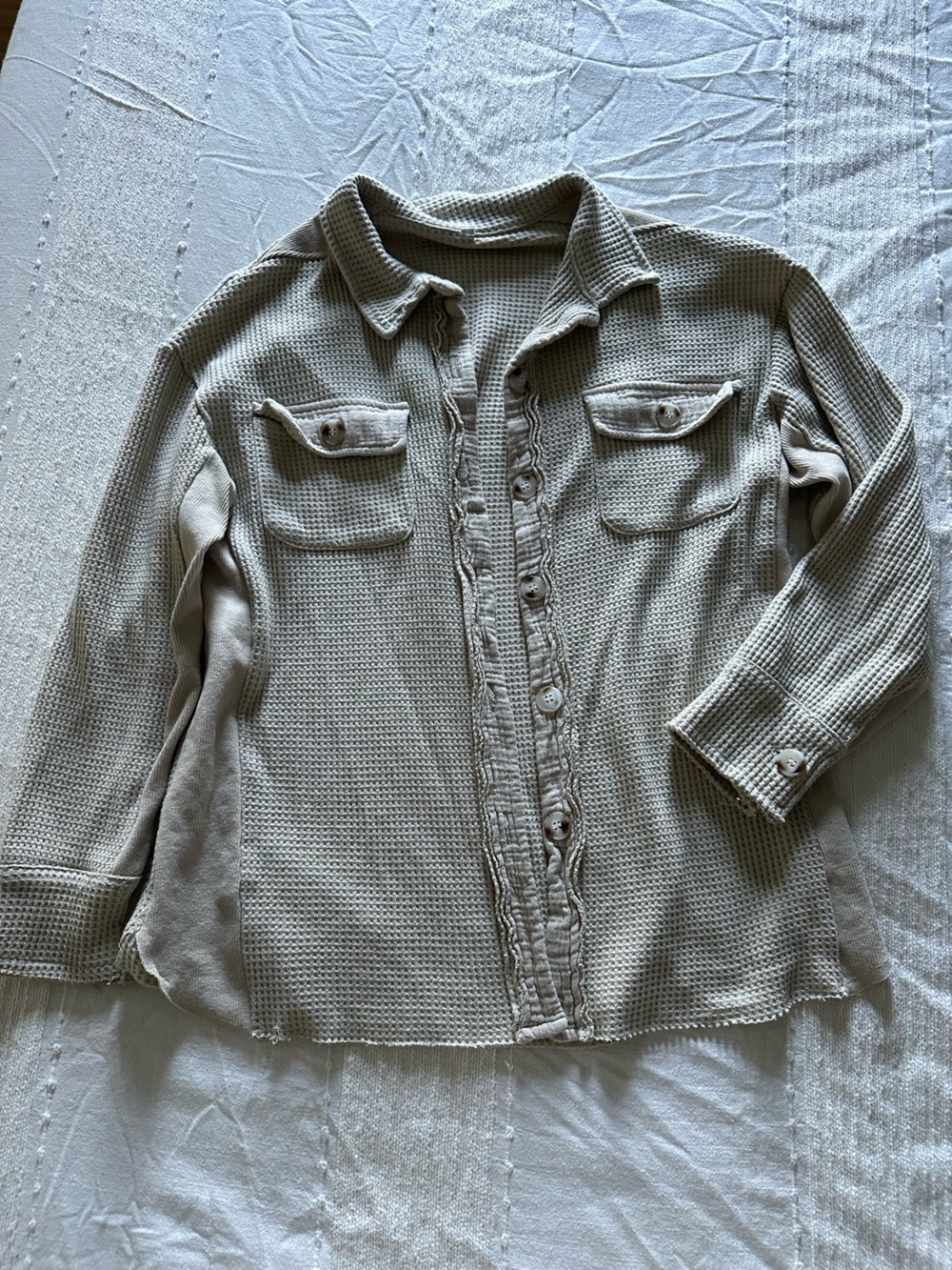 Waffle Knit Button-Up Shirt shacket light tan color